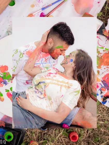 A creative, layered shot of a couple covered in paint, capturing their passionate and artistic connection.