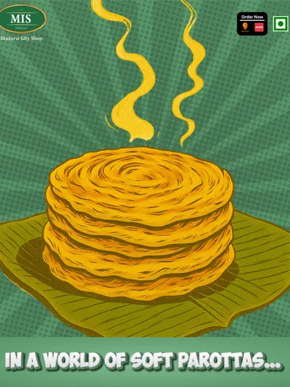 In a world of soft parottas, our flaky, layered version stands out. This illustration shows a stack of our freshly made parottas, steaming and ready to be enjoyed.
