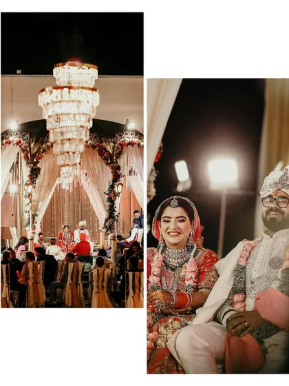A collage showing the grandeur of a palace wedding, from the beautiful indoor ceremony to the happy couple's portraits.