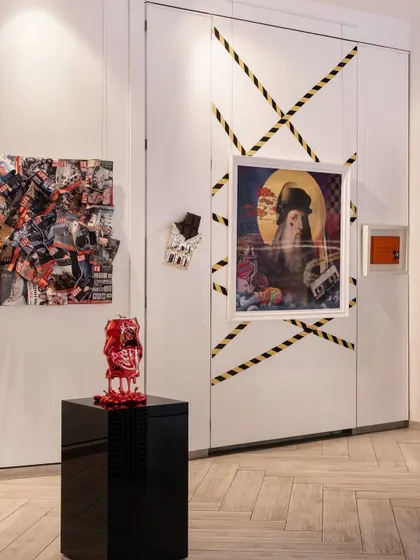 We embrace chaos with intent. This composition features a reinterpreted Mona Lisa, a crushed Coke can sculpture, and caution tape, creating a layered commentary on consumerism, art history, and modern life.
