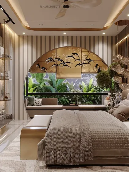 This master bedroom features a beautiful arched window with a built-in seating nook, perfect for relaxing. The design is accented with a metallic sculpture of birds, adding a touch of nature-inspired art.