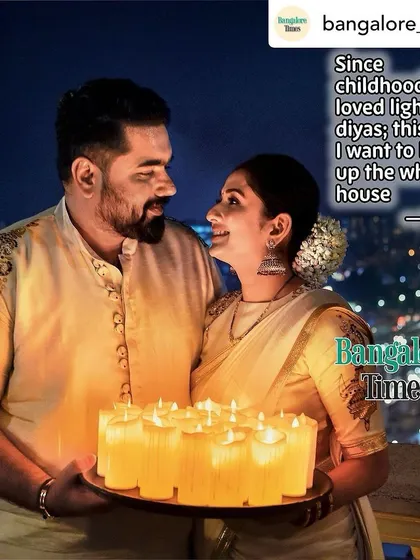 A romantic shot from the Bangalore Times Diwali shoot. The gold embroidery on his kurta shoulder subtly echoes the gold border and blouse of her saree.