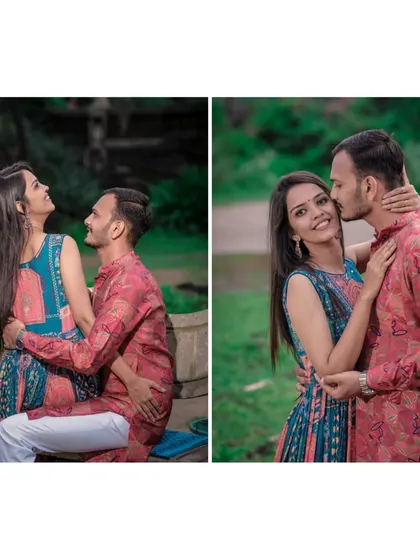 A diptych of a couple in a lush green park, sharing playful and affectionate moments in their colourful outfits.