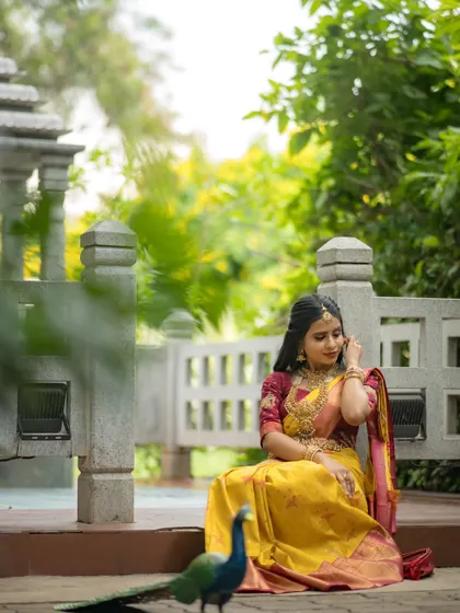 The presence of a peacock adds a touch of magic to this beautiful shot, complementing the traditional motifs often found in our sarees.
