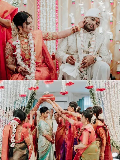 A collage capturing the fun and sacred rituals of a South Indian wedding ceremony.