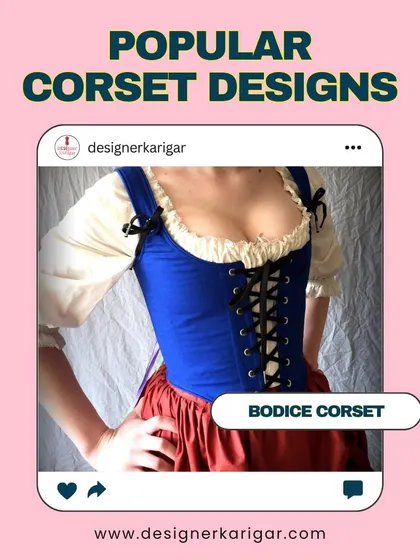 An example of a bodice corset, a popular corset design we can create. This blue corset is worn over a blouse for a historical or costume-inspired look.