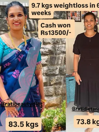 Reshma Pillai's 9.7 kg transformation. She went from 83.5 kg to 73.8 kg and won a cash prize of Rs 13,500.