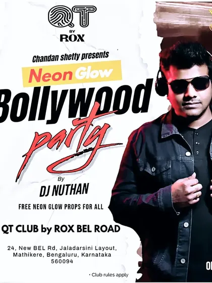 This poster for my gig at QT Club highlights the 'Free neon glow props for all', which I often provide to make my Bollywood nights more interactive and fun.