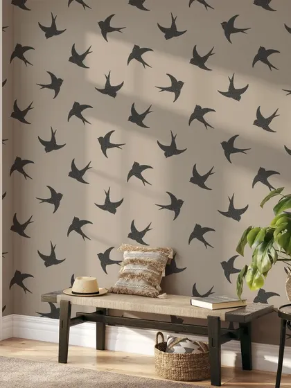 This entryway features our Jet Feathered Creature wallpaper, a simple yet elegant design. The pattern of flying birds adds a sense of freedom and movement to the space.