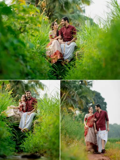A collage of intimate moments from a pre-wedding shoot, with the couple sitting together in the tall grass of a rural landscape.