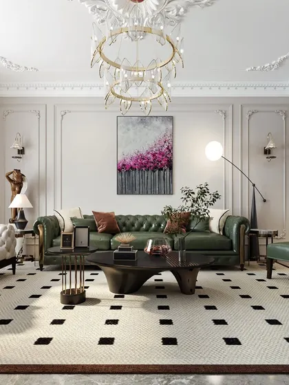This living room exudes timeless charm with its classic Chesterfield sofa, ornate ceiling details, and a bold black-and-white patterned floor. It's a perfect example of how we blend rich textures and luxe finishes for a classic, elegant look.