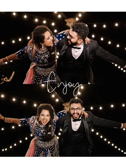 A collage of the couple having fun and enjoying every moment of their wedding reception party.