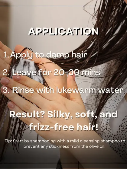Here are the application instructions for my DIY Banana Hair Mask. Apply to damp hair, leave for 20-30 minutes, and rinse for silky, soft, and frizz-free results.