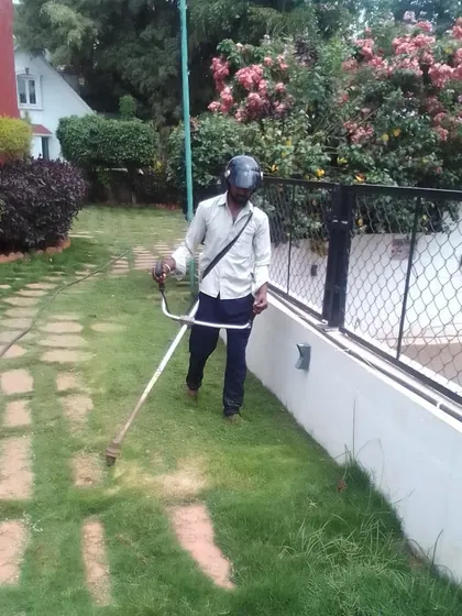 Consistency is key in lawn care. This image shows the ongoing process of grass cutting to maintain a uniform and attractive appearance for a client's garden path.