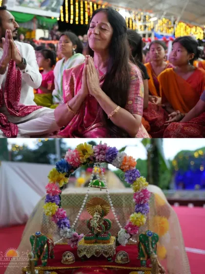 A collage showing devotees in deep prayer and the beautiful idol of Lord Krishna. Janmashtami is a festival that blends deep devotion with exuberant celebration.