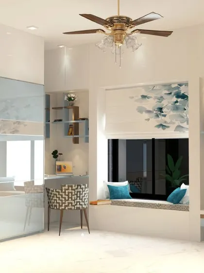 This bedroom combines a study desk, window seat, and ample storage, all tied together with a calming blue and white color scheme.