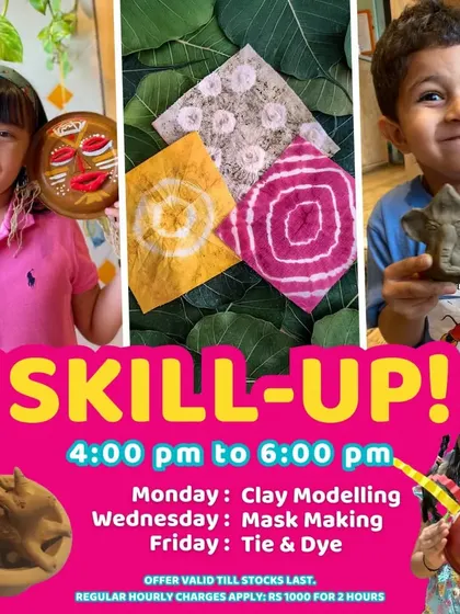 A collage showcasing the variety of our Skill-Up workshops in Chennai, including mask making, tie-dye, and clay modeling.