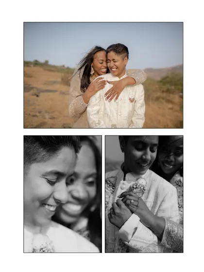 A collage of joyful, intimate embraces. These photos show the safety and certainty in their touch, a love that is not for show but is deeply felt.