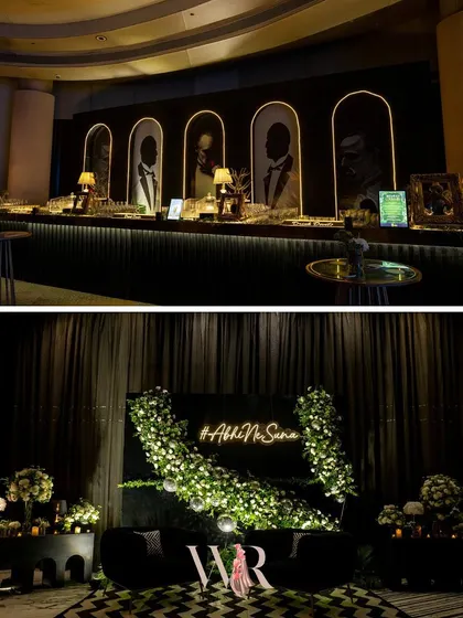 A split image showcasing two key elements of the Jazz Club theme: the stylish bar with portraits of musicians and the romantic floral photo booth with the couple's neon hashtag.