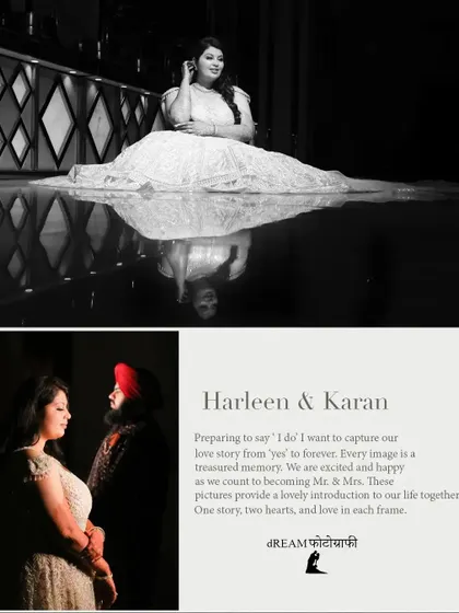 A storytelling collage of Harleen and Karan's engagement, combining a portrait with their love story.