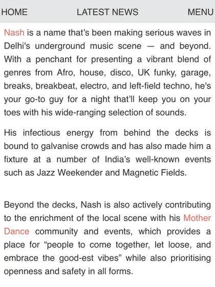 A screenshot from the Mixmag Asia article, detailing my musical style and the story of Mother Dance.