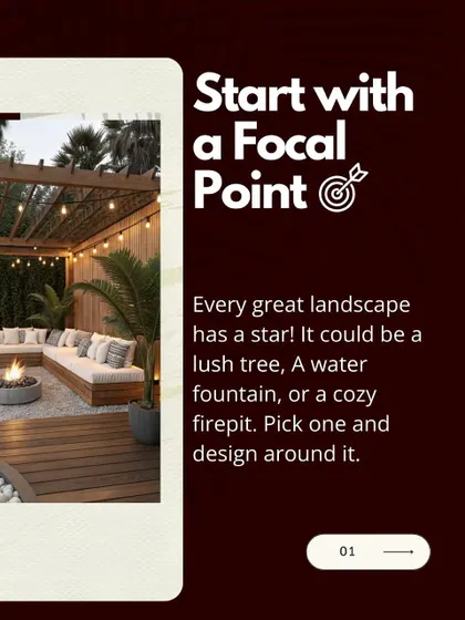 Every great landscape begins with a single, strong idea. I believe in establishing a focal point, like this inviting firepit, to anchor the entire design. Here, it is the heart of a cozy outdoor lounge, complete with a wooden pergola and ambient string lights, creating the perfect setting for relaxation and connection.