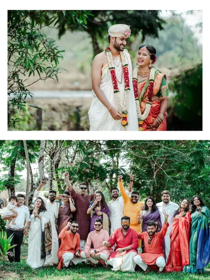 A collage showing a happy portrait of the couple and a fun group photo with their friends.