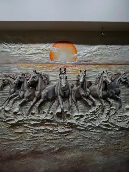 The full view of the deluxe edition 7 horses mural. The dark, moody color scheme gives this popular theme a unique and powerful twist.