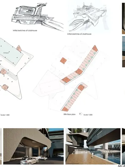 A board showing the development from initial sketches to floor plans and 3d views for the hotel.