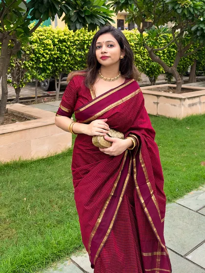 A saree story from my time in South India. This gorgeous south cotton saree was a gift, and I styled it for Ganesh Chaturthi with replica temple jewelry. I love how the rich maroon and gold create such an elegant and festive look.