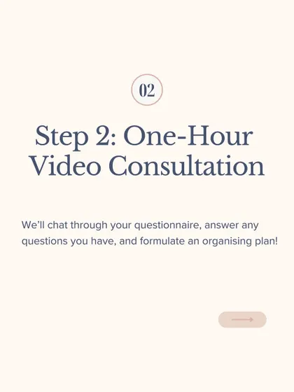 Step 2 is our one-hour video consultation. We'll walk through your space virtually, discuss your questionnaire, and formulate a clear organizing plan together.
