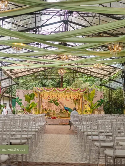 We designed this stunning South Indian wedding mandap in a glasshouse, blending the lush green outdoors with traditional decor. The custom-painted backdrop featuring a majestic peacock and tropical foliage created a vibrant yet sacred atmosphere for the ceremony.