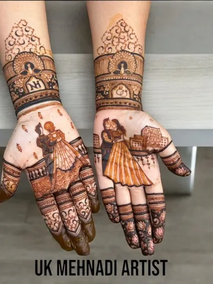 A beautiful example of couple portrait mehandi, perfect for Karwa Chauth or an anniversary. The design captures a romantic moment, making it very special.