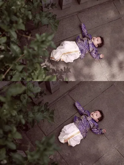 A humorous and candid moment of a baby lying on the ground during a photoshoot. This overhead shot captures the unpredictable and funny side of photographing little ones.