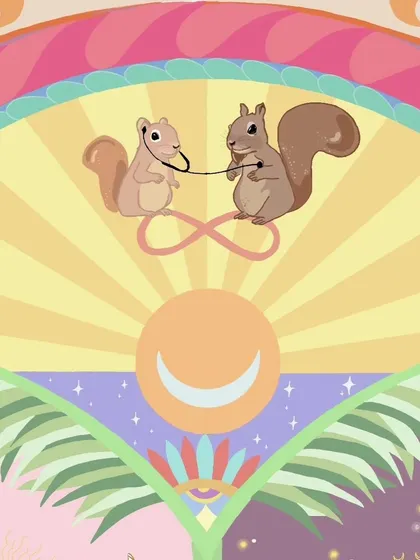 A close-up on a fun, personal detail from a wedding invitation. This illustration depicts the couple as squirrels, with one listening to the other's heart with a stethoscope, a playful nod to their medical professions.
