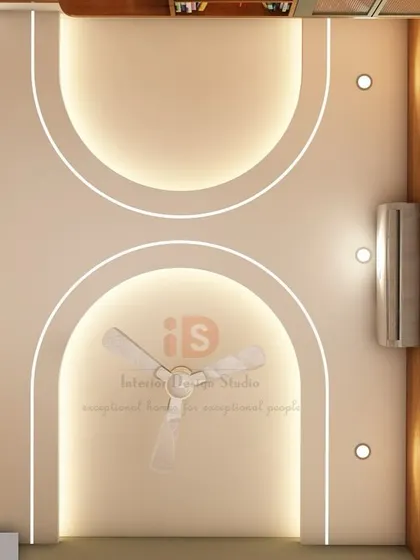 A 3D render of an innovative false ceiling design with curved, backlit elements.