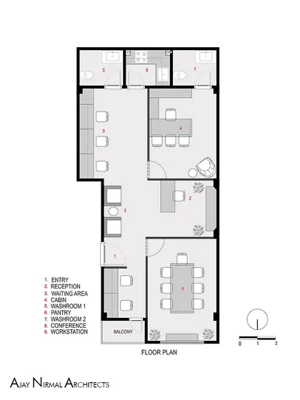 The proposed furniture layout plan for the Jain Cosphere Office. The plan shows how we created distinct zones for reception, cabins, and workstations while maintaining an open feel in a small space.