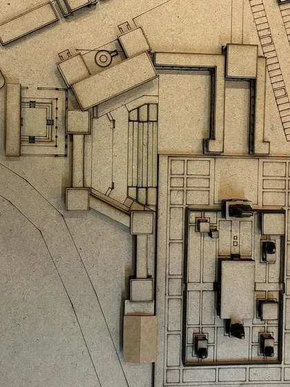 A top-down view of the physical model, which was essential for planning the devotee's journey through the various parts of the temple.