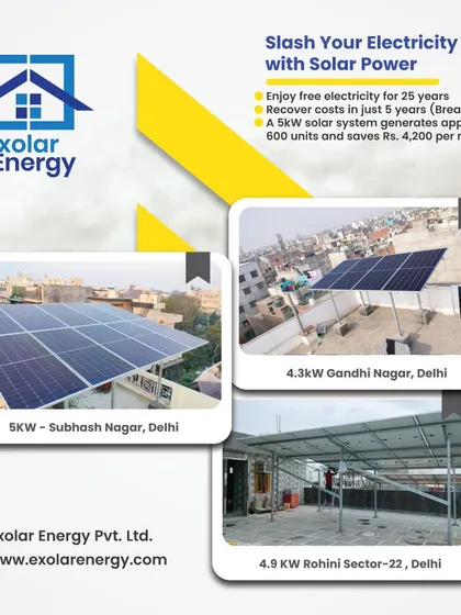 This image collage showcases three of our recent projects in Delhi: a 5kW system in Subhash Nagar, a 4.3kW system in Gandhi Nagar, and a 4.9kW system in Rohini, all delivering major bill savings.