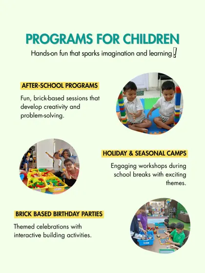 I offer a variety of ways for your child to learn and play. This graphic gives a quick overview of my most popular offerings, including after school programs, holiday camps, and of course, my brick based birthday parties.