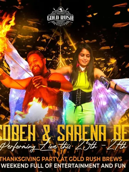 A poster for our Thanksgiving party performance at Gold Rush Brews. We love creating special shows for holidays, complete with fire acts, LED performances, and live dance.