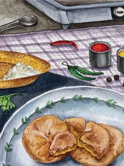 An illustration of Poorni, a flat moong dal-stuffed kachori. This recipe has traveled through four generations, from Pakistan to Delhi, a testament to how food carries our history.