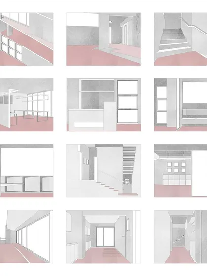 A collage of interior vignettes from our studio, presented as abstract, monochromatic drawings. This image communicates the design intent of creating a neutral environment for creative thinking, punctuated by specific architectural moments.