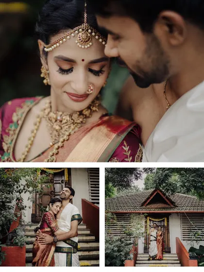 This collage captures the couple's story through different angles and moments. It combines an intimate close up with wider shots, showcasing their traditional outfits and the beautiful venue.