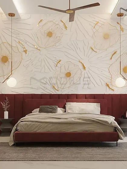 This design concept for a master bedroom showcases our visualization process. The plan features a bold, deep-red upholstered headboard and bed frame, set against a delicate, custom-designed floral wall relief. Modern pendant lights add a touch of sculptural elegance, illustrating how we balance color, texture, and form.