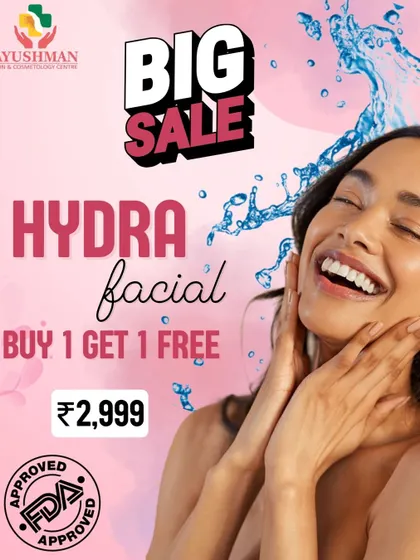 Get ready for glowing, hydrated skin with our most popular treatment. This image showcases our special "Buy 1 Get 1 Free" HydraFacial offer, an FDA-approved procedure that deeply cleanses, exfoliates, and infuses the skin with intensive serums for an unmatched glow.