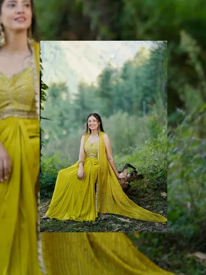 A portrait of a bride at her Mehandi, sitting in a lush green forest setting. Her bright yellow outfit pops against the natural background.