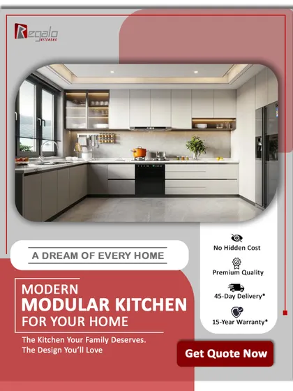 A dream of every home: a modern modular kitchen. This graphic emphasizes our key benefits, including no hidden costs, premium quality, 45-day delivery, and a 15-year warranty.