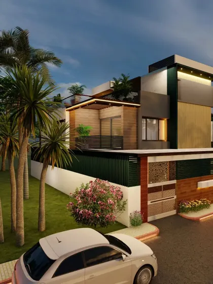 A daytime view of the bungalow concept, with lush palm trees and greenery that complement the natural materials used in the facade.