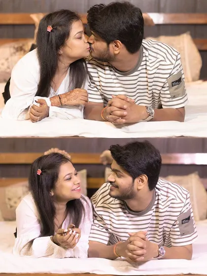A sweet and intimate collage capturing a kiss and a loving gaze, perfect for telling a story of romance in a pre-wedding shoot.